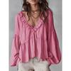 2026 Spring and Autumn Casual Sweet Ruffled Puff Sleeve Pleated Shirt Women's V-Neck Top