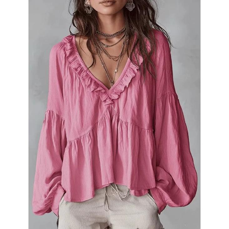 2026 Spring and Autumn Casual Sweet Ruffled Puff Sleeve Pleated Shirt Women's V-Neck Top