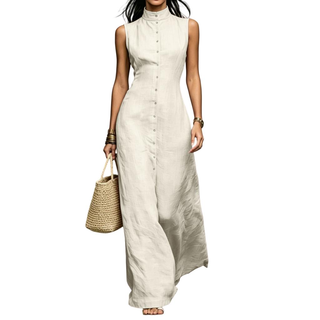 Vestido Maxi sin Mangas con Cuello Alto y Cierre de Botones de una Sola Fila de Longitud Larga Casual de Verano para Mujer