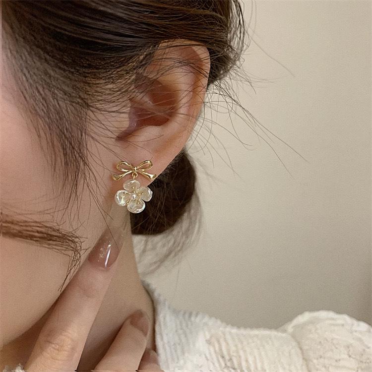 Elegant French Colorful Flower Bow Stud Earrings for Women - Light Luxury, Chic, and Girlish Ear Accessories