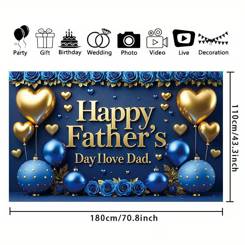 2D Flat Happy Father's Day Banner Navy Blue & Gold Themed Backdrop with "I Love Dad" Text