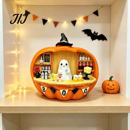 Halloween Pumpkin Bar Ornament Counter Figurine, Cute Ghost Bartender Mini Spooky Tabletop Figurine Scene Statue, Desktop for Home Party Display
