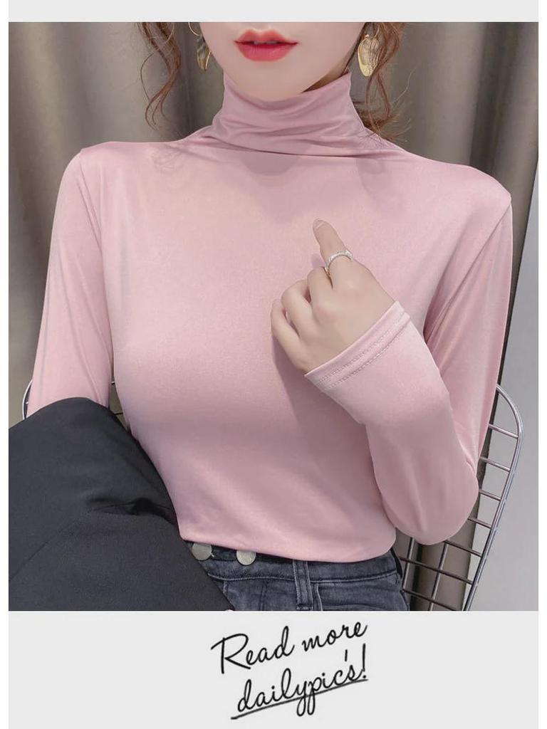 Women's Velvet Slim High Collar Long Sleeve Top - Solid Color, Versatile for Autumn/Winter