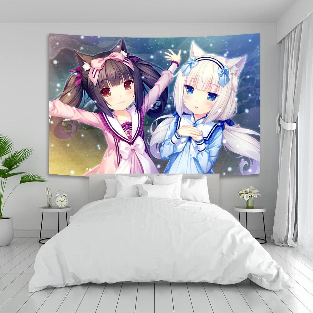 VIKAMA Anime Girl Tapestry Cat Ear Maid Kawaii Japanese Cartoon Ins Style Wall Decor for Bedroom