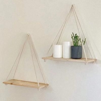 1PC Wooden Swing Hanging Hemp Rope Garden Decoration Wall Shelve Mounted Floating Home Living Room Plant Flower Pot Tray Storage