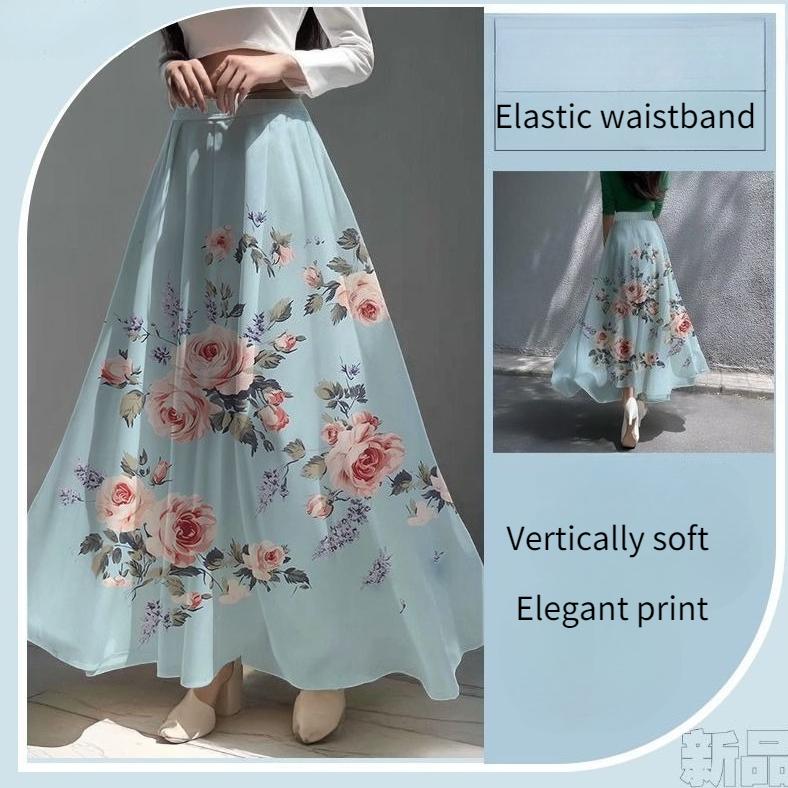 Spring Summer Women's Bohemian Printed Skirt High-Waist A-Line Long Floral Skirt