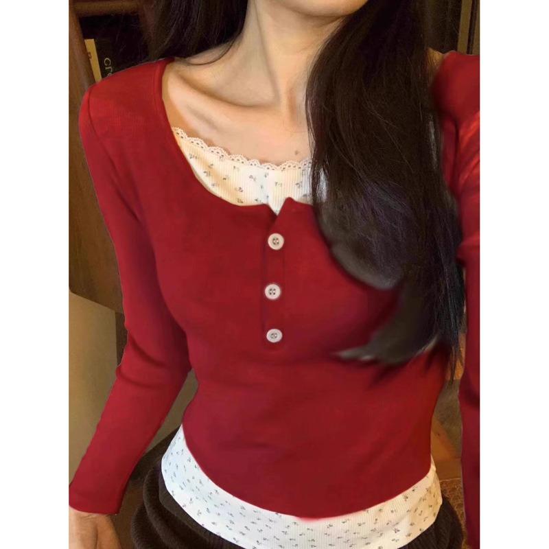 

Женская футболка с длинным рукавом, ранняя осень, облегающая, короткая, маленькая базовая футболка, топ с имитацией двухслойности XL бордовый