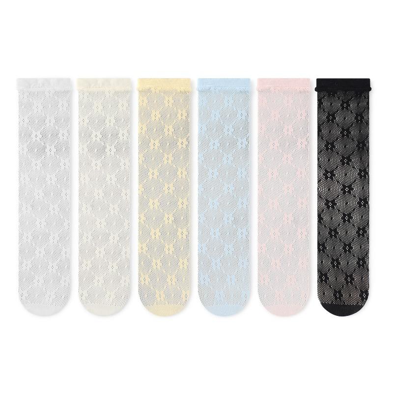1 Pair Summer Mesh Socks for Kids Girl Solid Color Fashion Floral Children's Calf Sock Thin Breathable Elastic School Sock