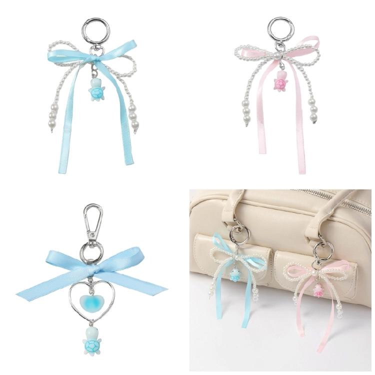 Versatile Ribbon Pearls Bowknot Key Rings with Turtles Pendant Charming Keychain Accessory for Backpacks and Purses