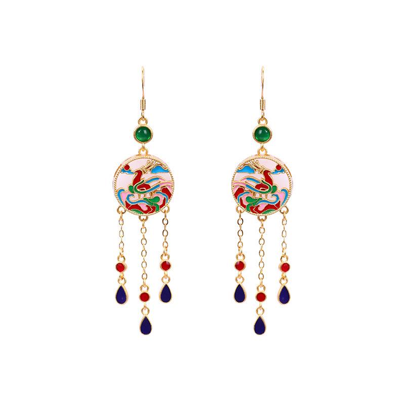 Chinese Style 925 Silver Sun God Deer Earrings with Hetian Jade, Enamel Glaze & Tassel Hooks
