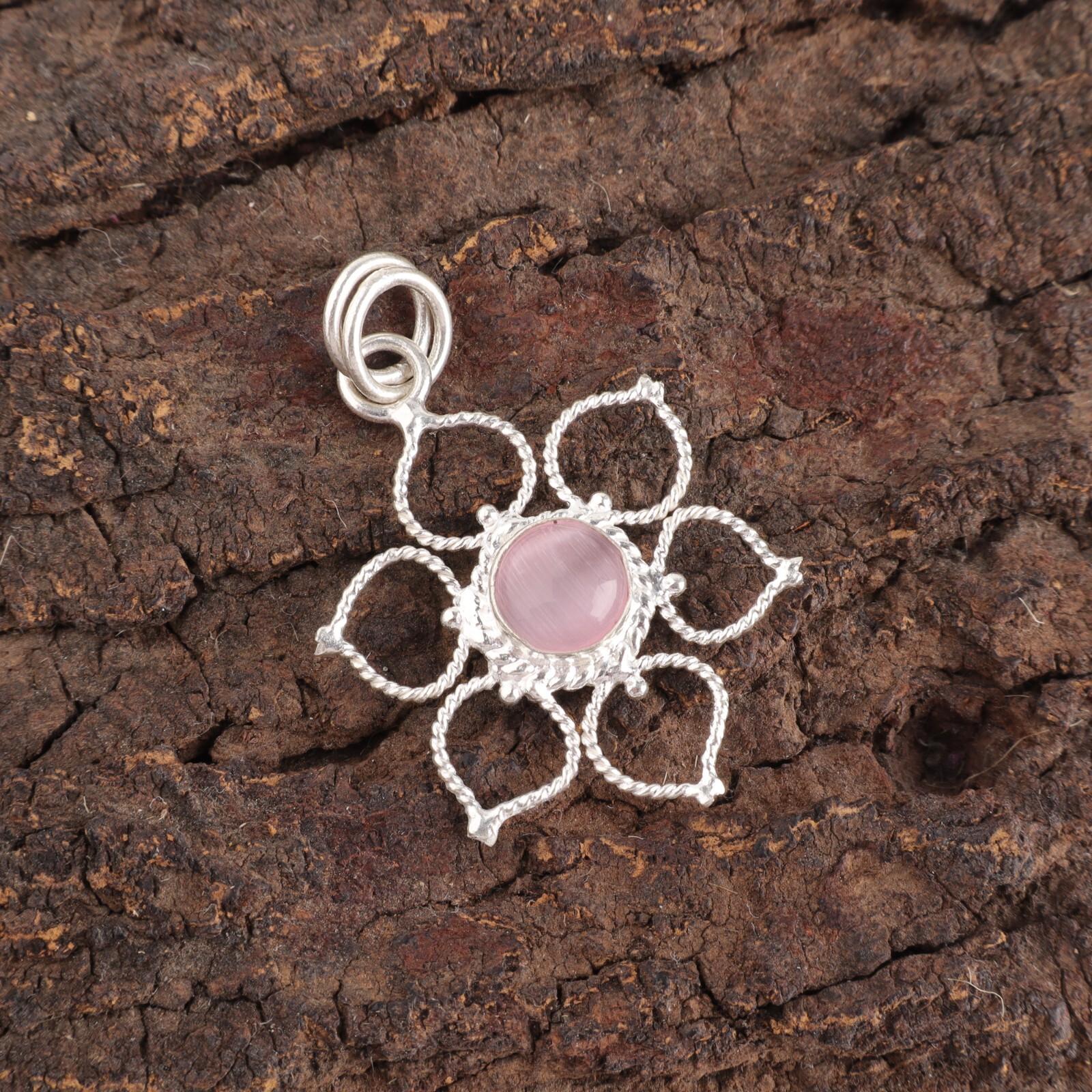 

Round Pink Cat S Eye Stone 925 Silver Friend Gift Engagement Ethnic New Pendant PP-18-45