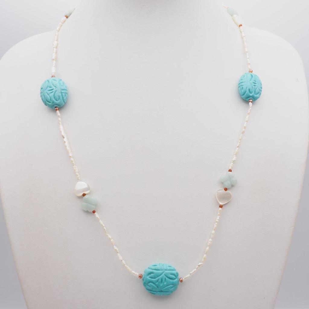 Used W739 Freshwater Pearl Shell etc. Natural Stone SILVER TOP ~~ Engraved Necklace Turquoise Style Engraving Heart Clover Design Silver June