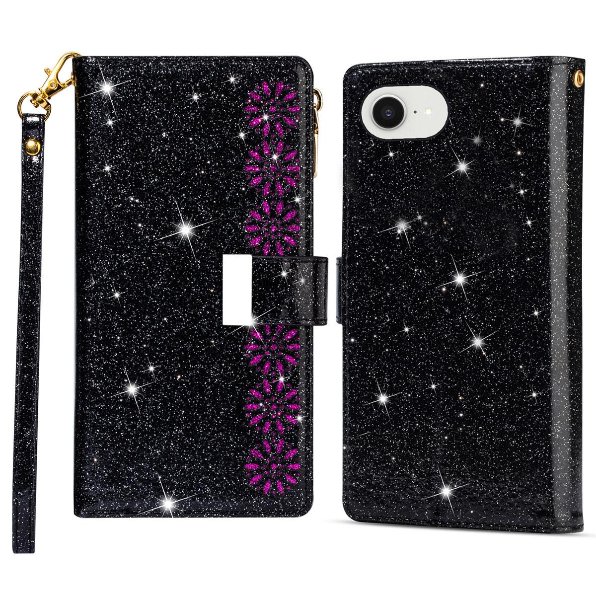 

For iPhone 16e Case Starry Sky Carving Leather Wallet Phone Cover Black