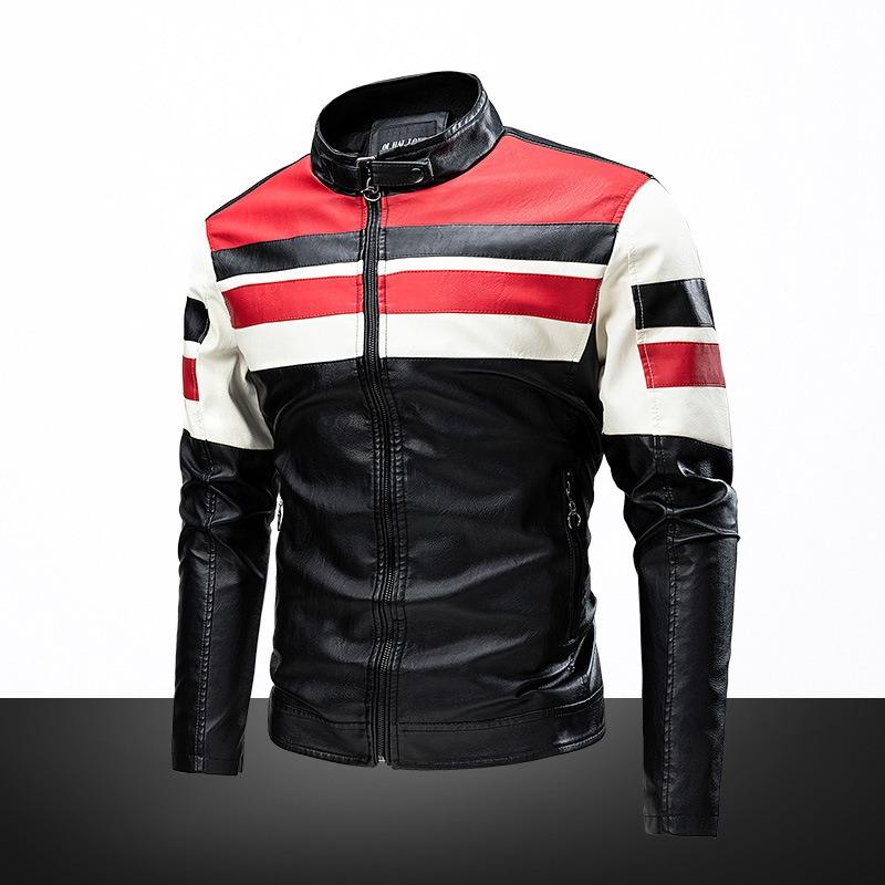 2022 Thin Spring Autumn Casual Men's Leather Fashion Stitching Motorcycle Retro Collar Jacket