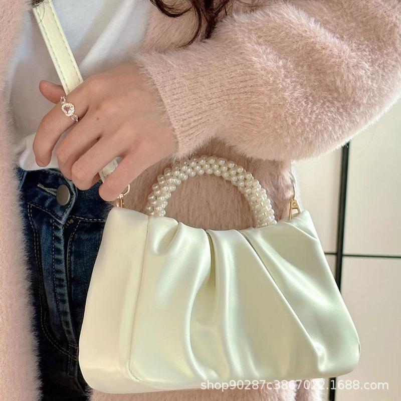 Girl Cute Mini Cloud Pleated Bag New Pearl Handbag Women's Fashion Versatile Shoulder Messenger Bag