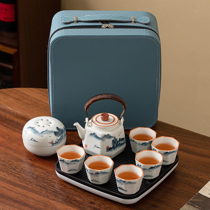 Ru Kiln Travel Ceramic Tea Set Hand-painted Cooling Pot Teacup Tea Tray Outdoor Portable Set Mid-Autumn Festival Gifts