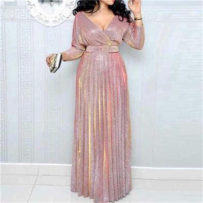 Women Sexy Evening Party Pleated Deep V Neck Long Dress High Waist Belt Glitter Bling Bling Dress