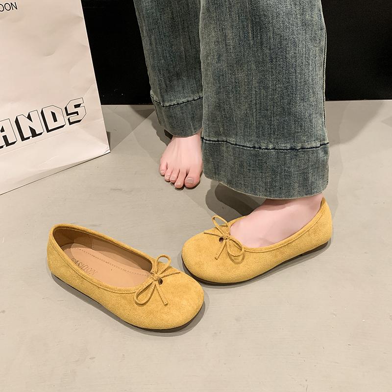 Fashion Women's Fashion Soft Sole Flat Shoes Spring Round Head Cow Suede Butterfly Knot Anti-slip Wear Light Single Shoes