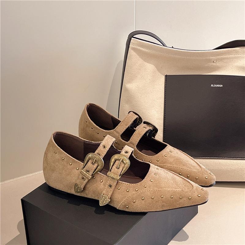 European and American Retro Pointed Flat Bottom Inner Height Increase Soft Leather Mary Jane Shoes Women's Brown Rivets One Word with Shallow Mouth S