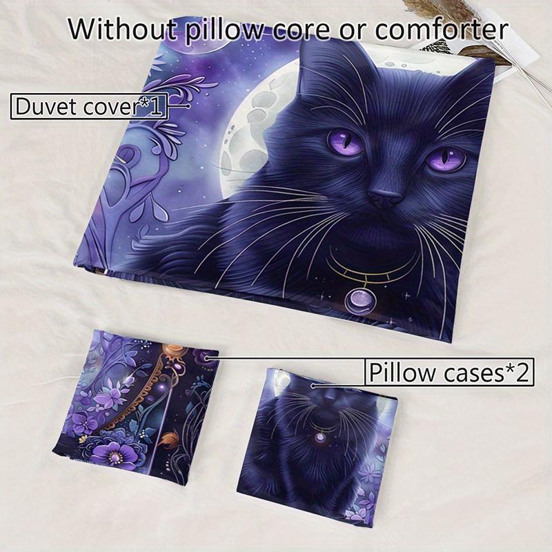 3pcs Mystic Black Cat Bedding Duvet Cover Set Moonlit Cat Bedding Quilt Set Purple Floral Themed Bed Set Elegant Moon & Stars