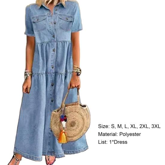 Frühling Sommer Jeanskleid Einfarbige Einreiher Langes A-Linien-Kleid für das Büro