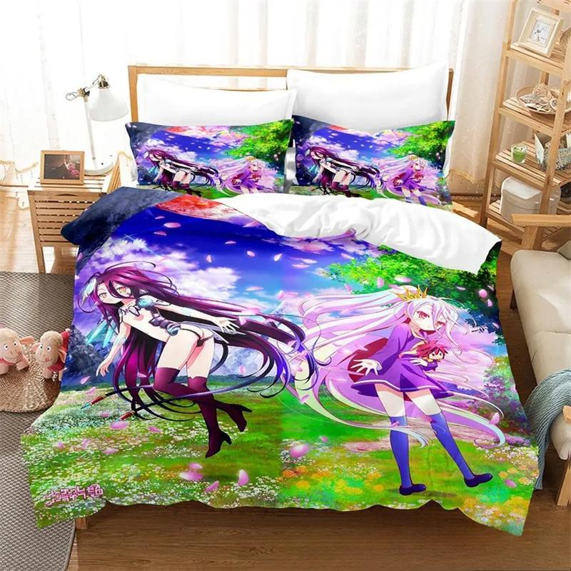 3D-Bettwäscheset „No Game No Life“ für Anime, Bettbezug, Bettgarnitur, Steppdecke, Kissenbezug, King-Size-Bett, Queen-Size-Bett, Twin-Size-Bett, Jungen, Mädchen, Erwachsene