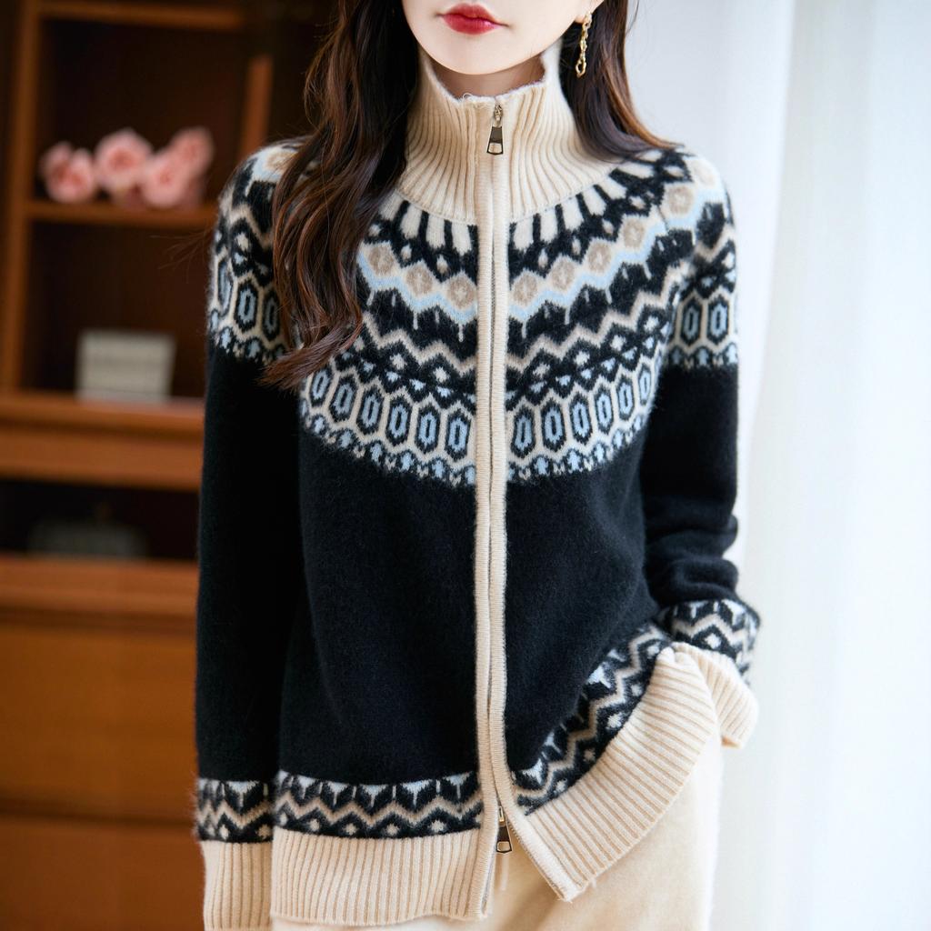 Retro Double Zipper Thick Floral Blouse for Winter, A Warm Sweater Coat for Women