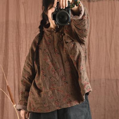 Women Chinese Style Plus Cotton Coats Stand Print Floral Winter Warm Long Sleeve Vintage Female Coats Parkas