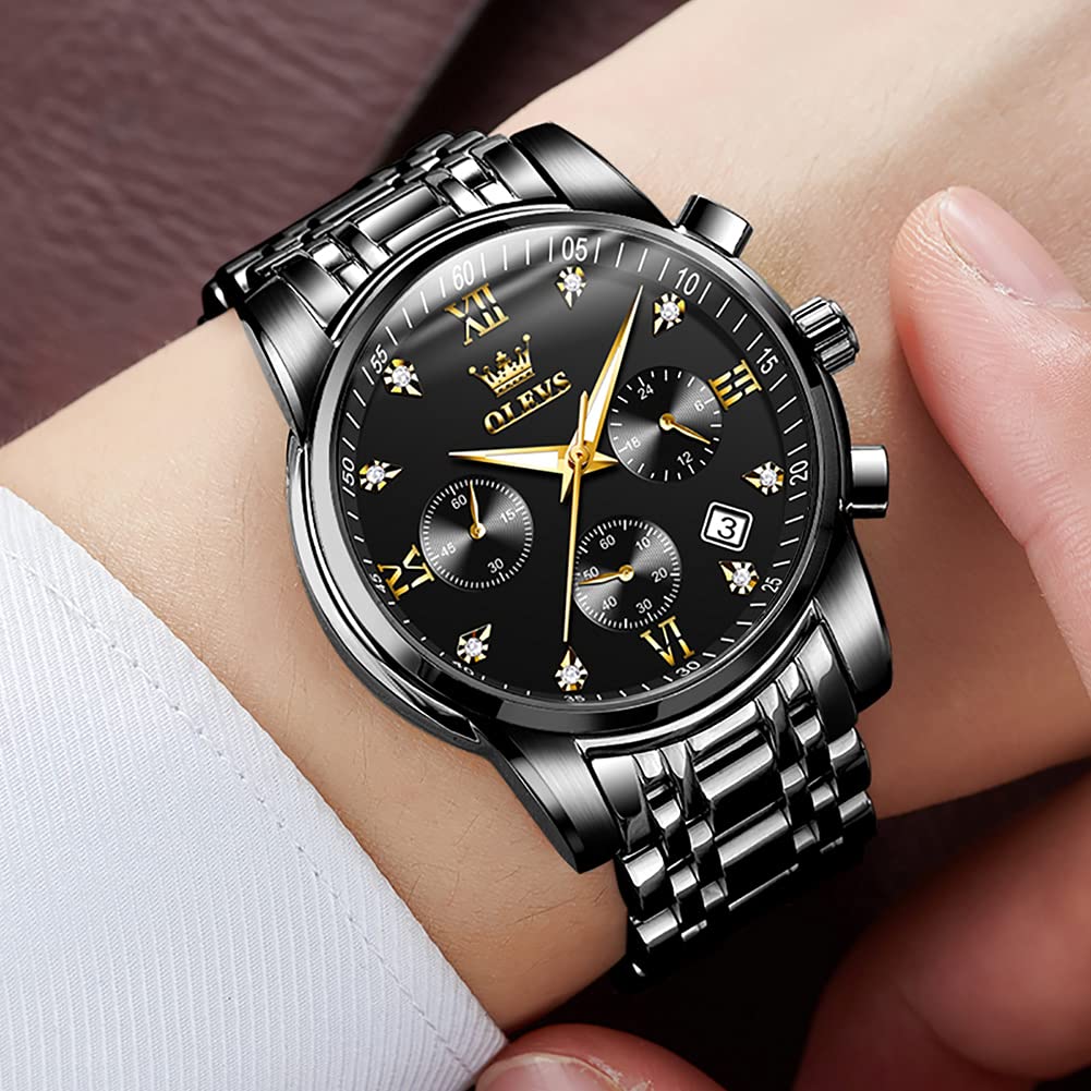 OLEVS Business Stainless Steel Analog Stylish Casual Watch for Day Christmas Gift Men's Watch, Watch, Band, Display, Men, Father's Gift, (Black/Black)