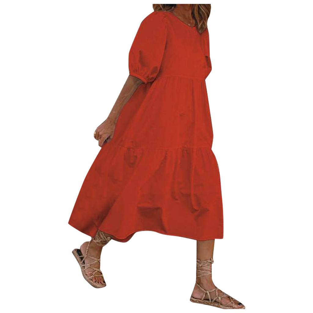 Women's Summer Casual Solid Color Puff Short-sleeve O-neck Big Swing Shirring Stitching Cotton Linen Dress