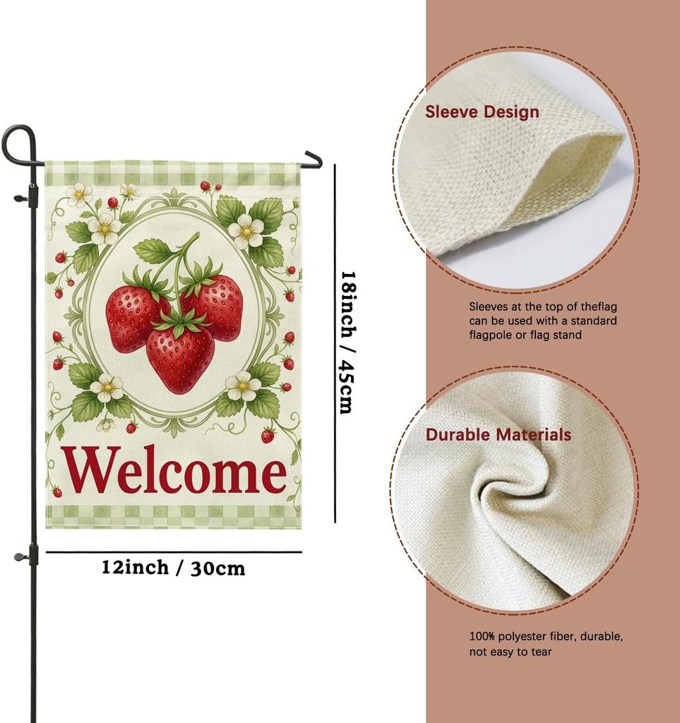 Strawberries Garden Flag, Summer Vintage Flowers Leaves Summer Red Double Sided Burlap Decorative Outside Flags for Outdoor
