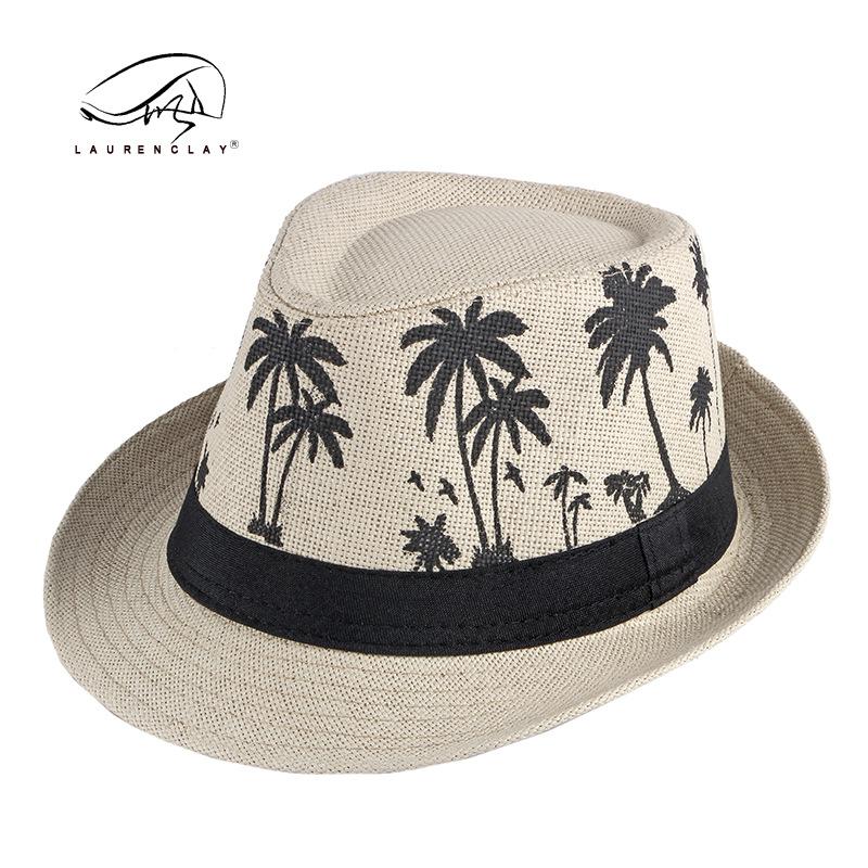 Summer Shade Sun Protection Beach Top Hat Ladies Coconut Tree Printed Jazz Hat Men's Encrypted Straw Breathable Hat