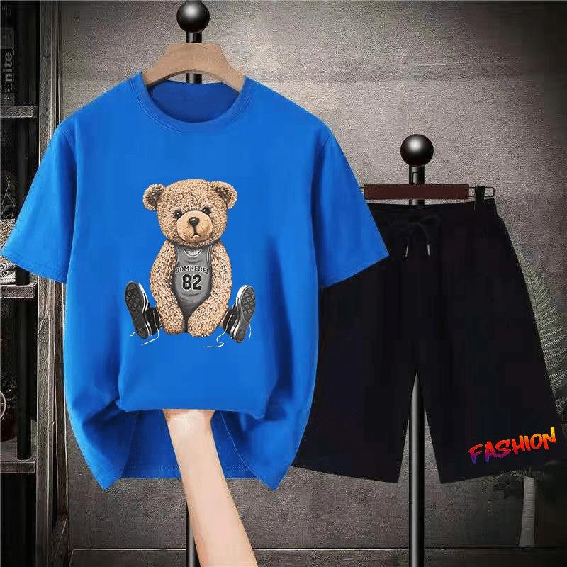 Korean Brand Bear Print T-shirt Men's Cotton Short-sleeved Oversized T-shirt Hip-hop Retro Suit Unisex Free Shipping