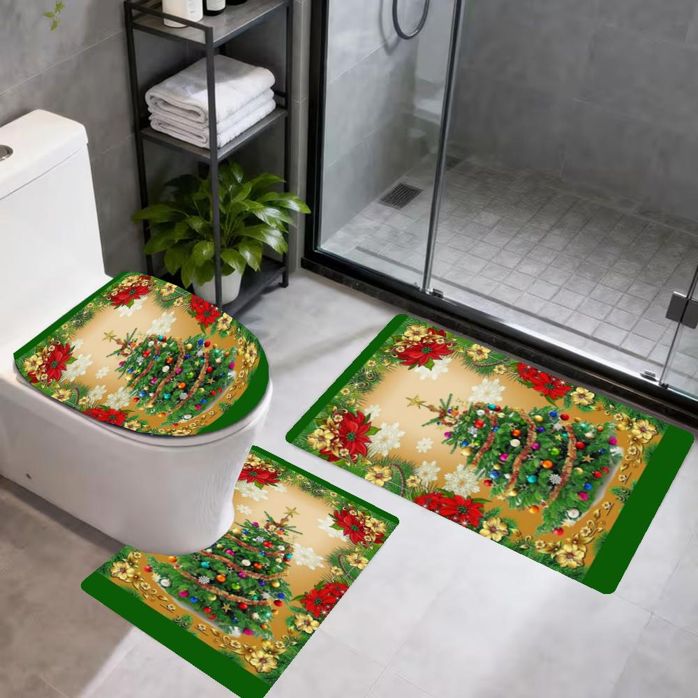 Christmas 3Pcs Bathroom Mat Set Toilet Lid Cover And Rug Ushaped Bath Mats Nonslip Door Mat Decoration