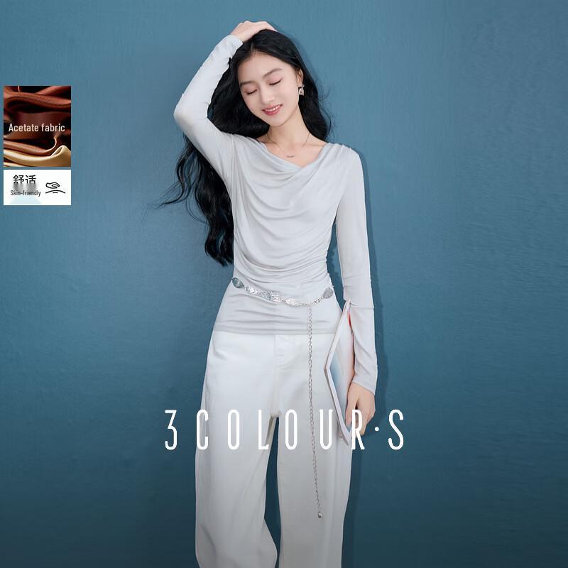 Sancai 2025 Autumn Pleated Drape Neck Slim Fit Long Sleeve Top S