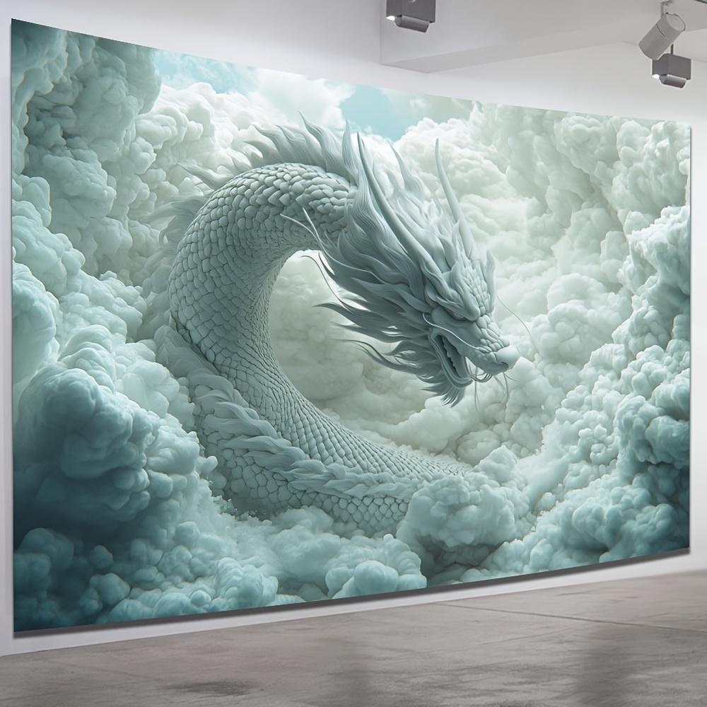 1 Stück Drache in den Wolken Wandteppich mit komplexem weißem Drachenmuster, Polyestergewebe, geeignet für Wohnzimmer, Schlafzimmer