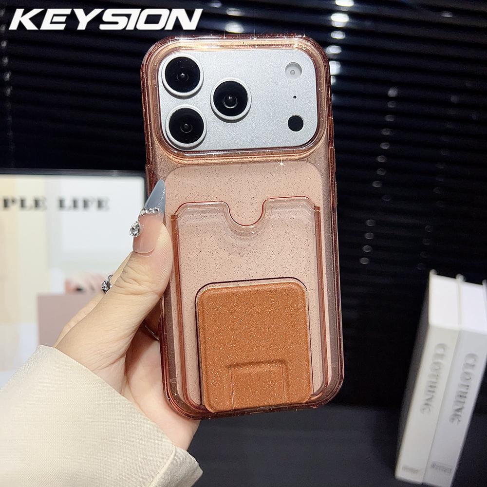

KEYSION Card Slot Holder Bag Phone Case for iPhone 13 14 15 Pro Max 15 Plus Transparent Glitter Kickstand Shockproof Back Cover for iPhone 13 Pro Max коричневий