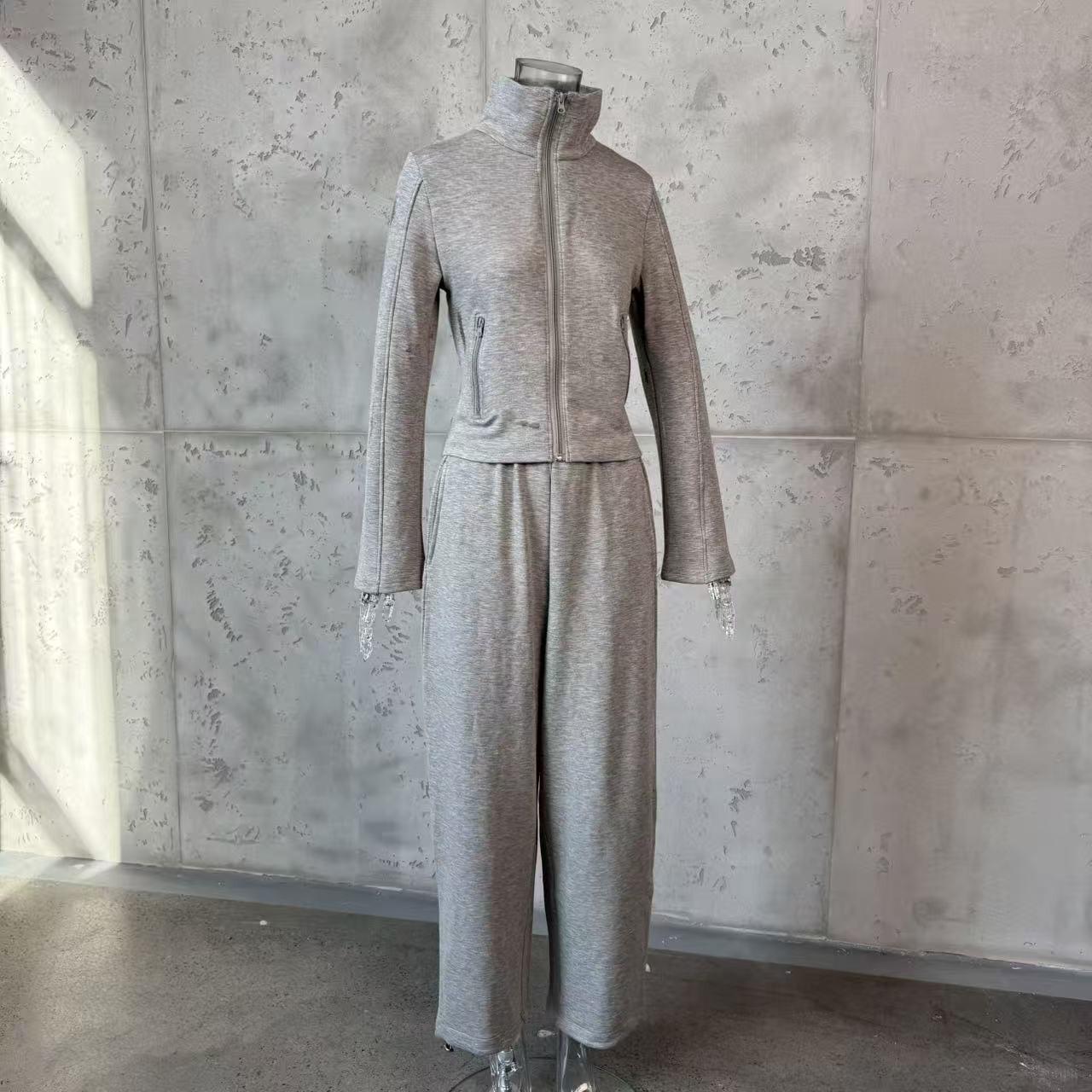 

Korean Chic Zipper Jacket & Wide-Leg Pants Two-Piece Casual Sports Set L серый