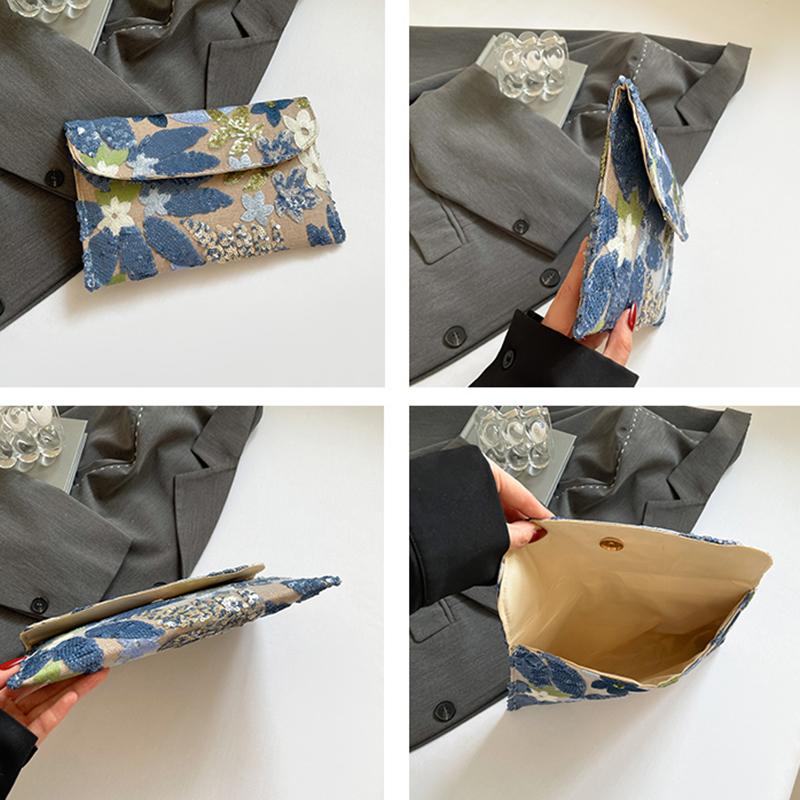 Embroidery Evening Bags Sequins Bling Clutch Bag Straw Envelope Bag Floral Pattern Handbag Wedding Party Cotton and Linen Wallet