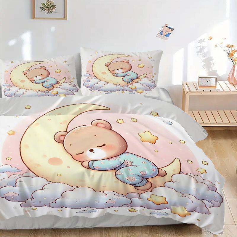 3-teiliges Bären auf dem Mond Bettwäsche-Set - Weich und bequem für Schlafzimmer, Gästezimmer und Wohnheim Dekor Bettwäsche-Set 1 Bettbezug + 2 Kissenbezüge.M012