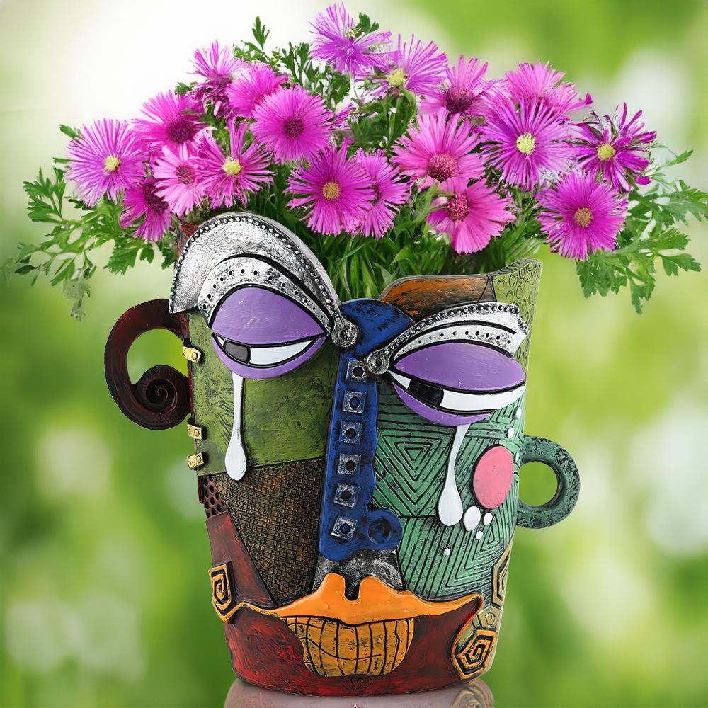 Resin Abstract Art Painted Flower Pot Colorful Figures Facial Sculptures Human Face Flower Pots Maya Statue Home Decoration