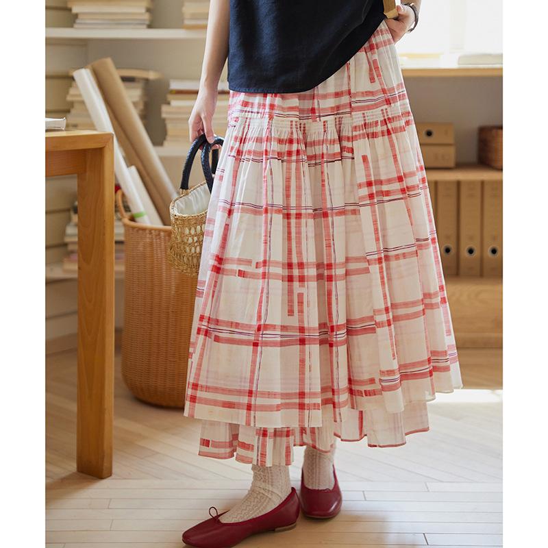 Johnature Summer French-style Red Plaid Double-layer Women Skirts Casual Elastic Waist A-line Skirts S