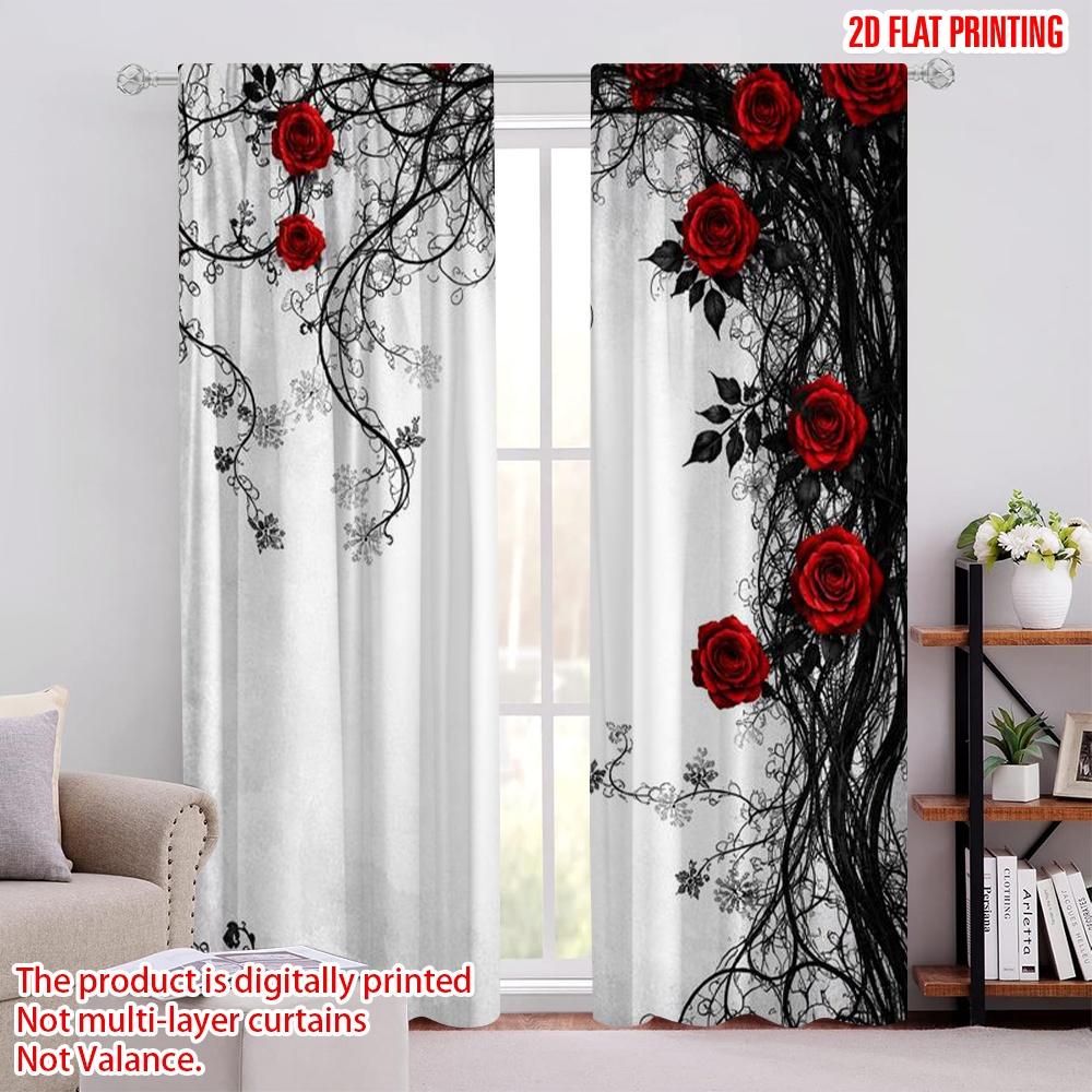 2D Flat Printing 2pcs Curtain Curtains Valentine's Red Roses Design Digital Printed Polyester Drapes Holiday Decorations for