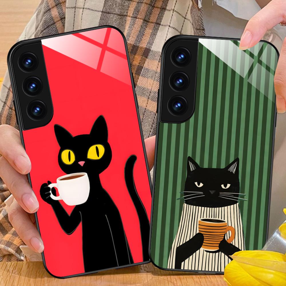 Cute Coffee Cat Glass Mobile Phone Case for Samsung Galaxy S26 S25 S24 S23 S22 S21 S20 Note20 Plus FE Ultra Colorful Cover