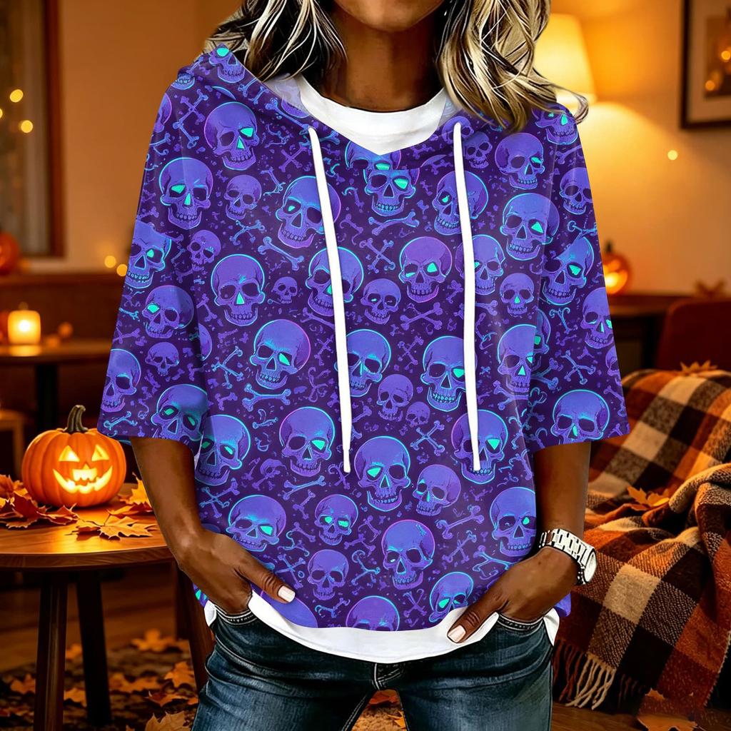 Women's Halloween Printed Hoodie Loose Fit Three-Quarter Sleeve Casual Top