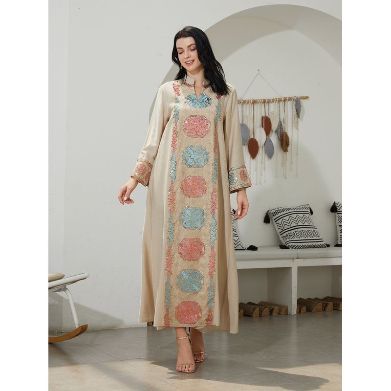 New Middle East Robe Women Clothes Fashion Casual Loose Print Sequins Dress Embroidered Dress