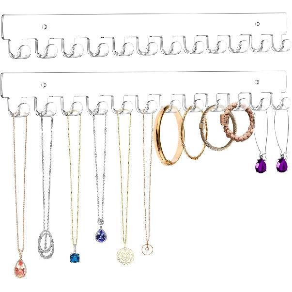 2 Pack Necklace Holder - Hanging Jewelry Organizer, Self-Adhesive, Wall Mount (Clear) чистый