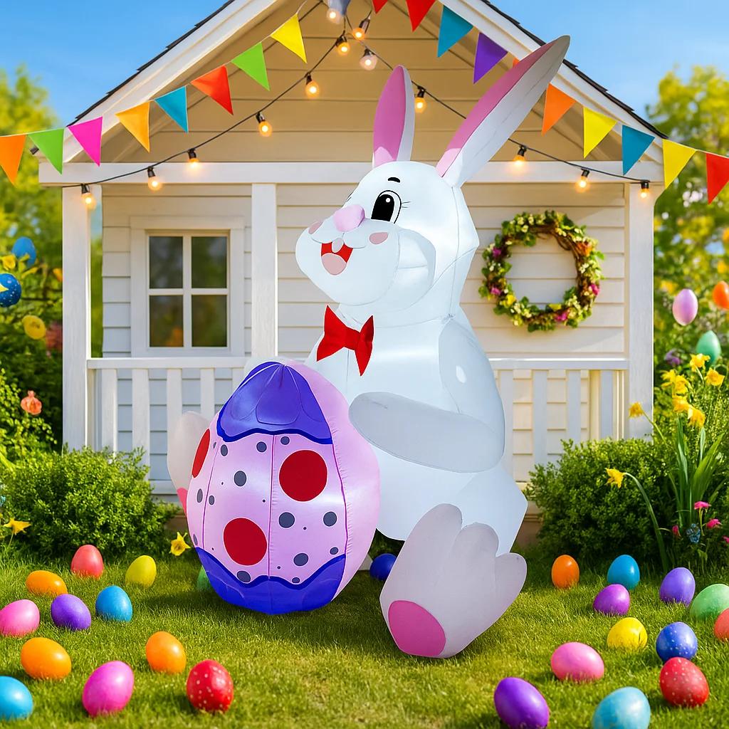 1.8M/6FT Happy Easter Inflatable Toys White Rabbit Embracing Easter Eggs Decor LED Lights Model Outdoor Garden Party Ornaments
