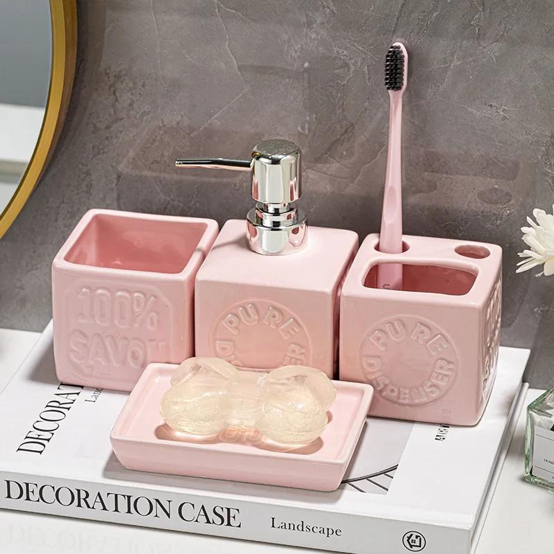 Conjunto Organizador de Banheiro Cerâmico 4 Peças Dispenser de Sabonete Líquido Frasco de Loção Porta-Escova de Dentes Copo Prato de Sabão Armazenamento