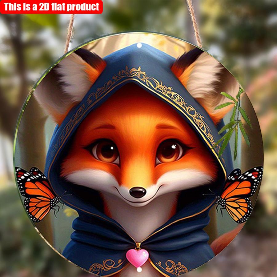 2D Flat 20*20cm1pc Cute Fox with Cloak High Quality Round Hanging Sign, Charming Fox&Butterfly Patterns Window Art Ornament, Exceptional Wooden Gift